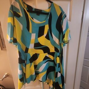 Ashley Stewart Substract Print Flutter Sleeve Top in Turquoise and Yellow
